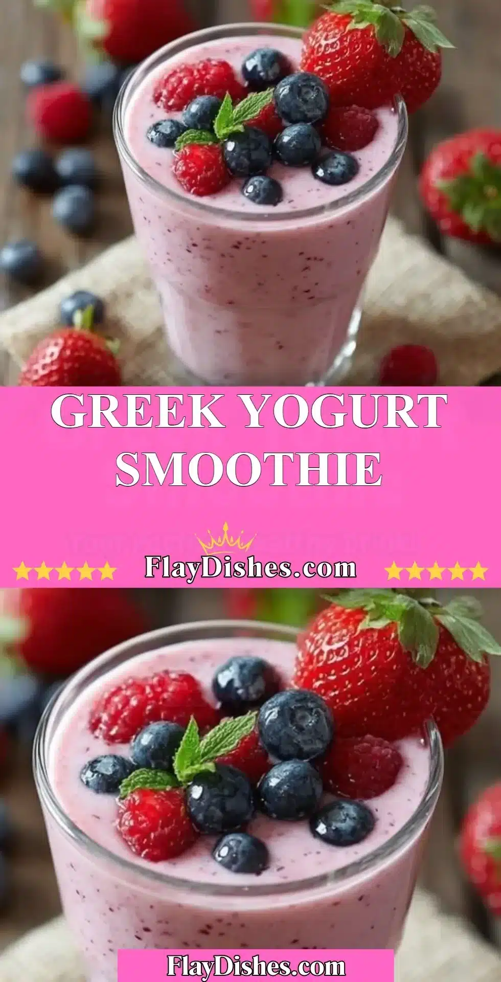 A refreshing Greek yogurt smoothie in a glass with fresh fruits and a straw.