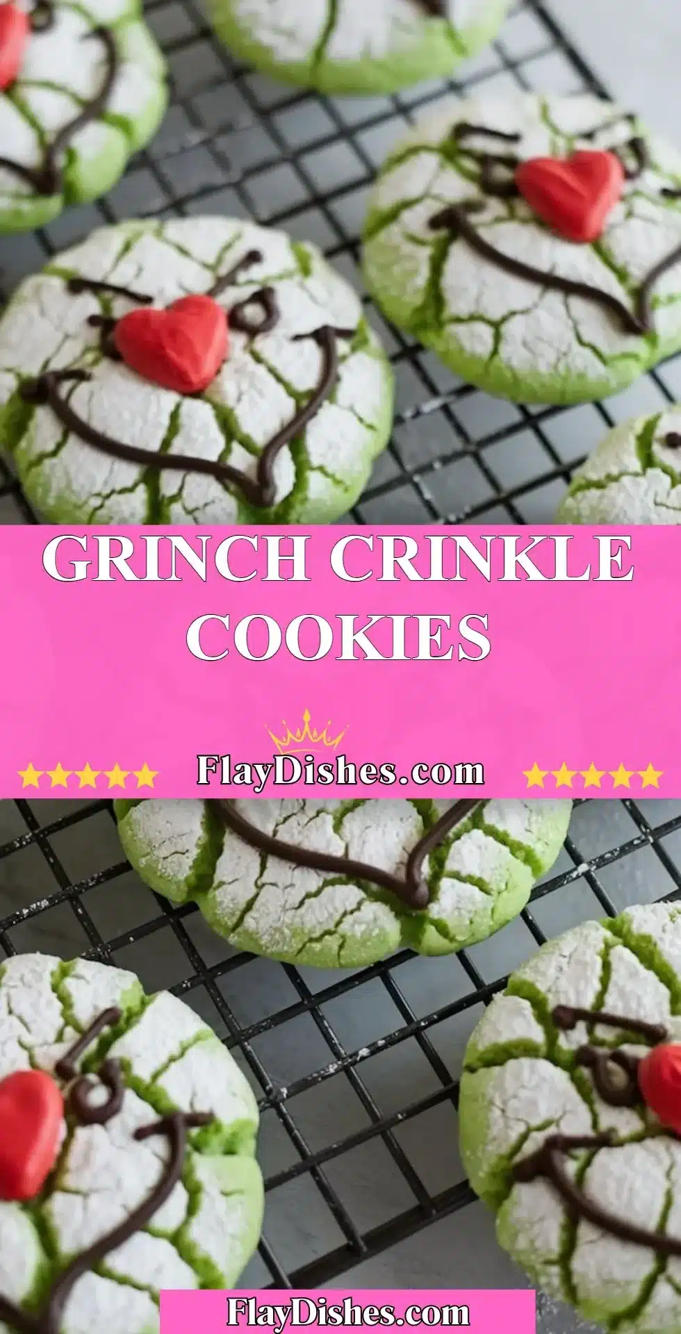 Festive Grinch Crinkle Cookies with green color and powdered sugar coating