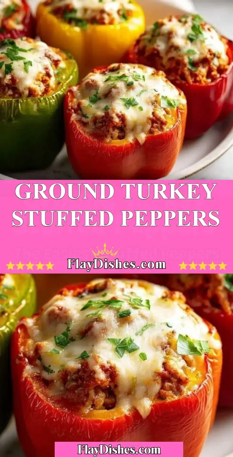 Ground Turkey Stuffed Peppers 2 Ground turkey stuffed peppers topped with cheese and fresh herbs.