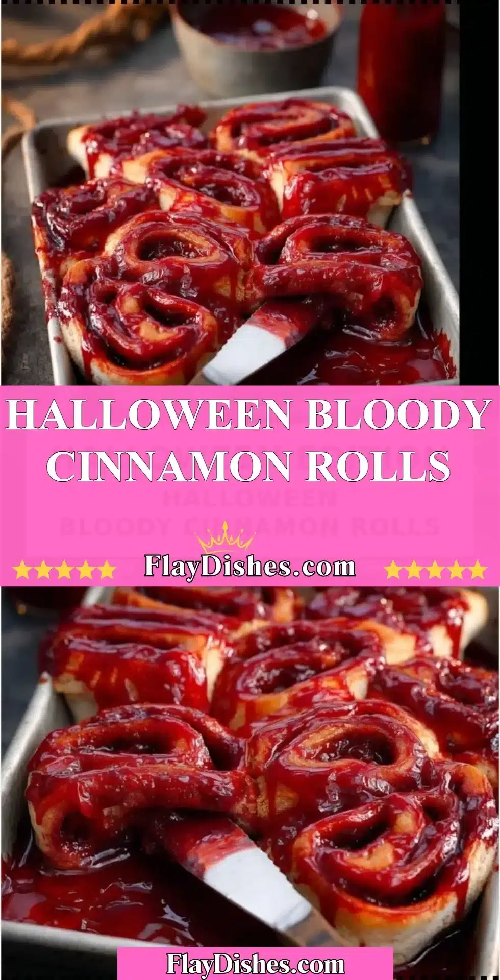 Halloween Bloody Cinnamon Rolls 2 Halloween themed bloody cinnamon rolls with a spooky appearance