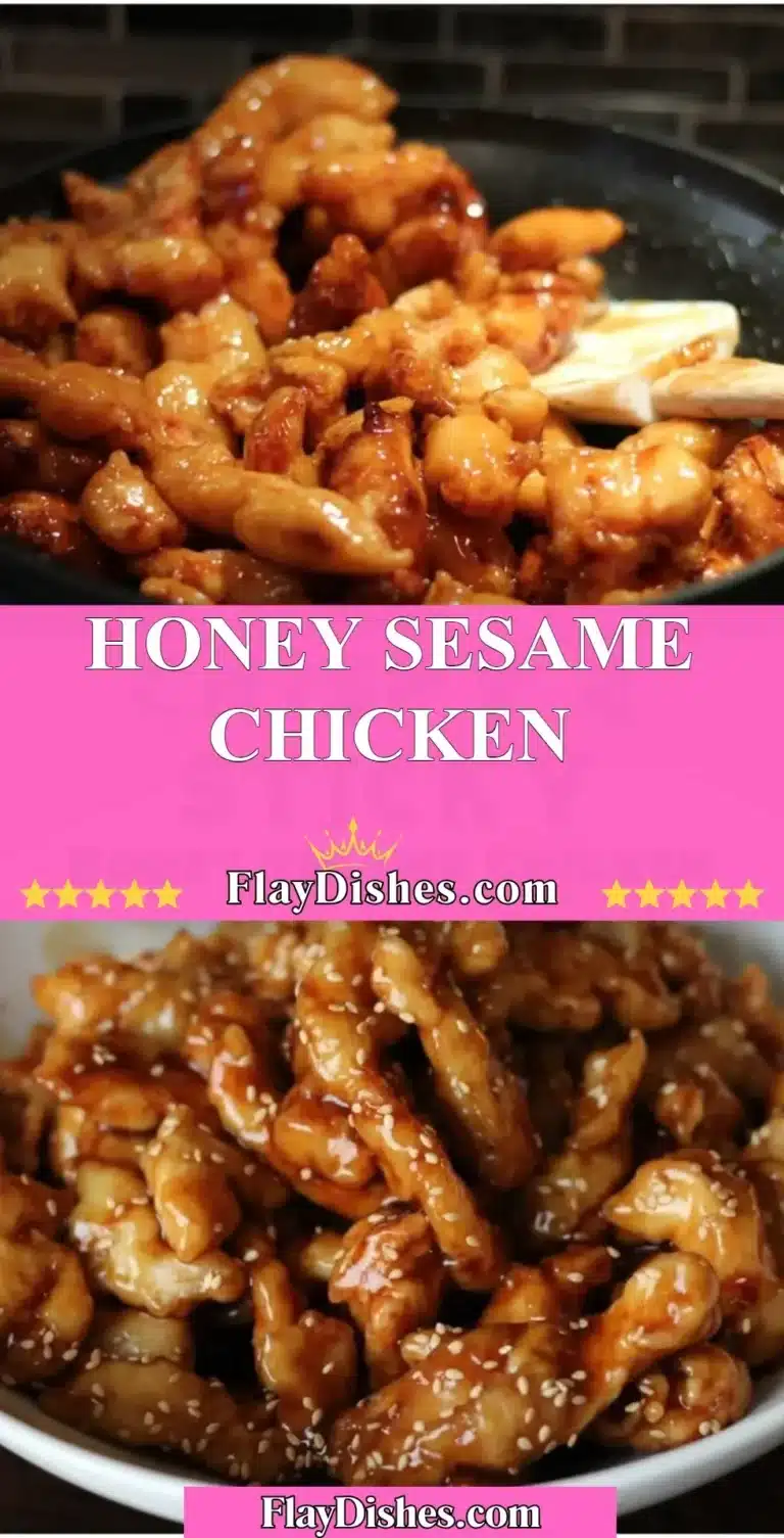 Delicious plate of Honey Sesame Chicken garnished with sesame seeds and green onions
