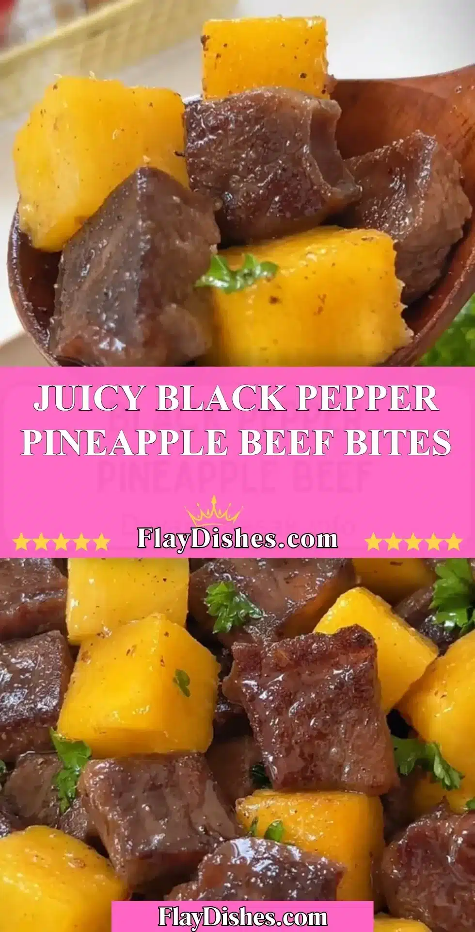 Delicious black pepper pineapple beef bites served in a savory sauce.