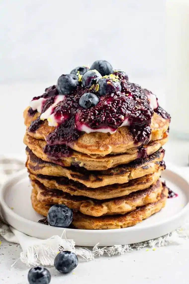 Lemon Blueberry Pancakes 6 Fluffy lemon blueberry pancakes topped with fresh blueberries and lemon zest