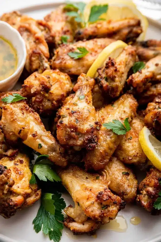 Crispy lemon pepper wings garnished with fresh herbs and lemon slices
