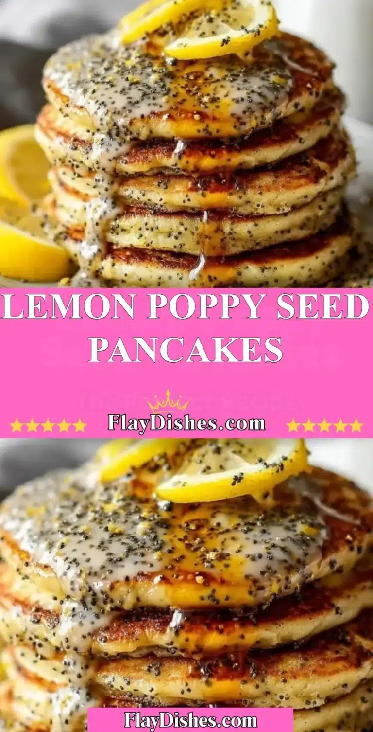 Delicious lemon poppy seed pancakes stacked on a plate with syrup.
