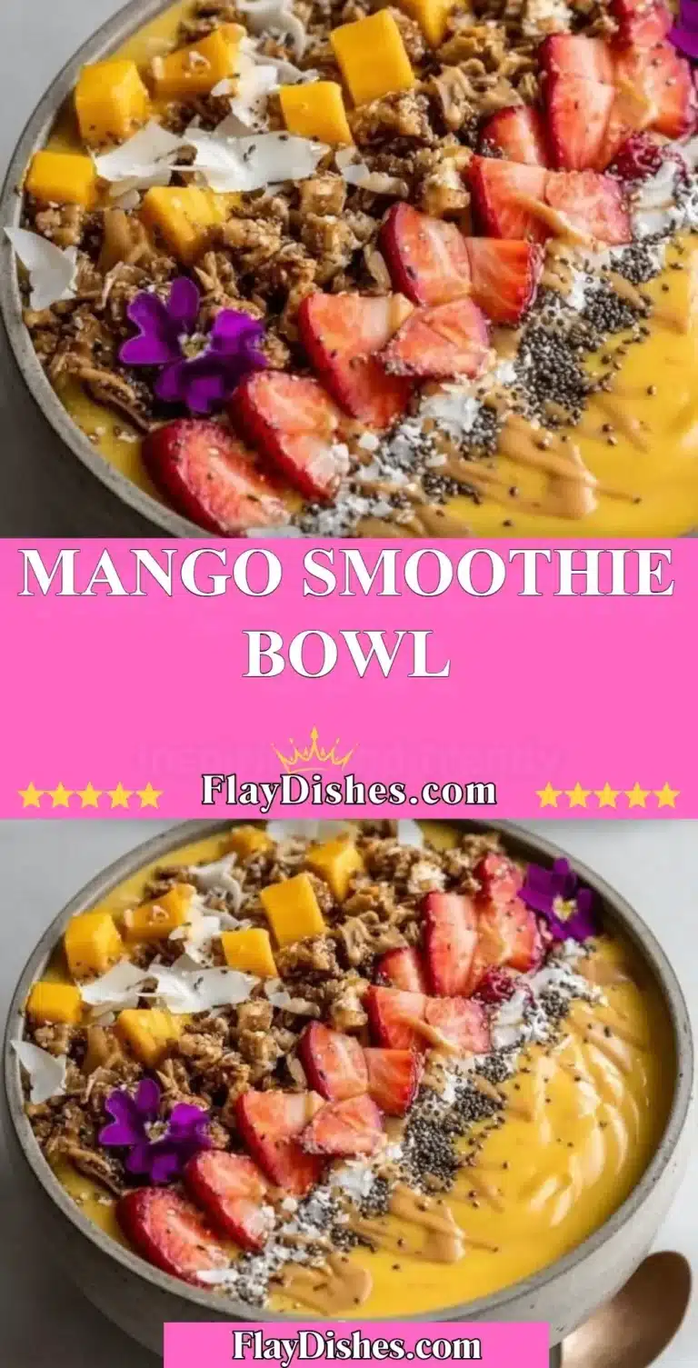 Delicious mango smoothie bowl topped with fresh fruits and nuts