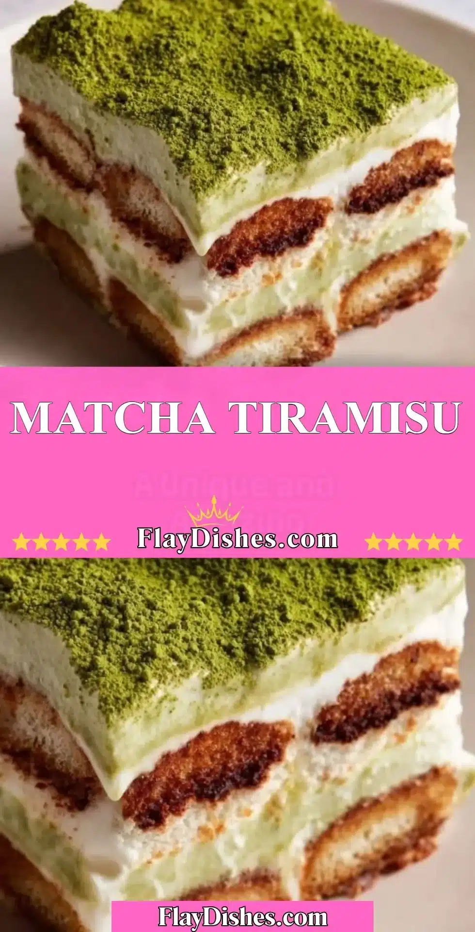 Delicious matcha tiramisu dessert with layers of matcha cream and cocoa dust