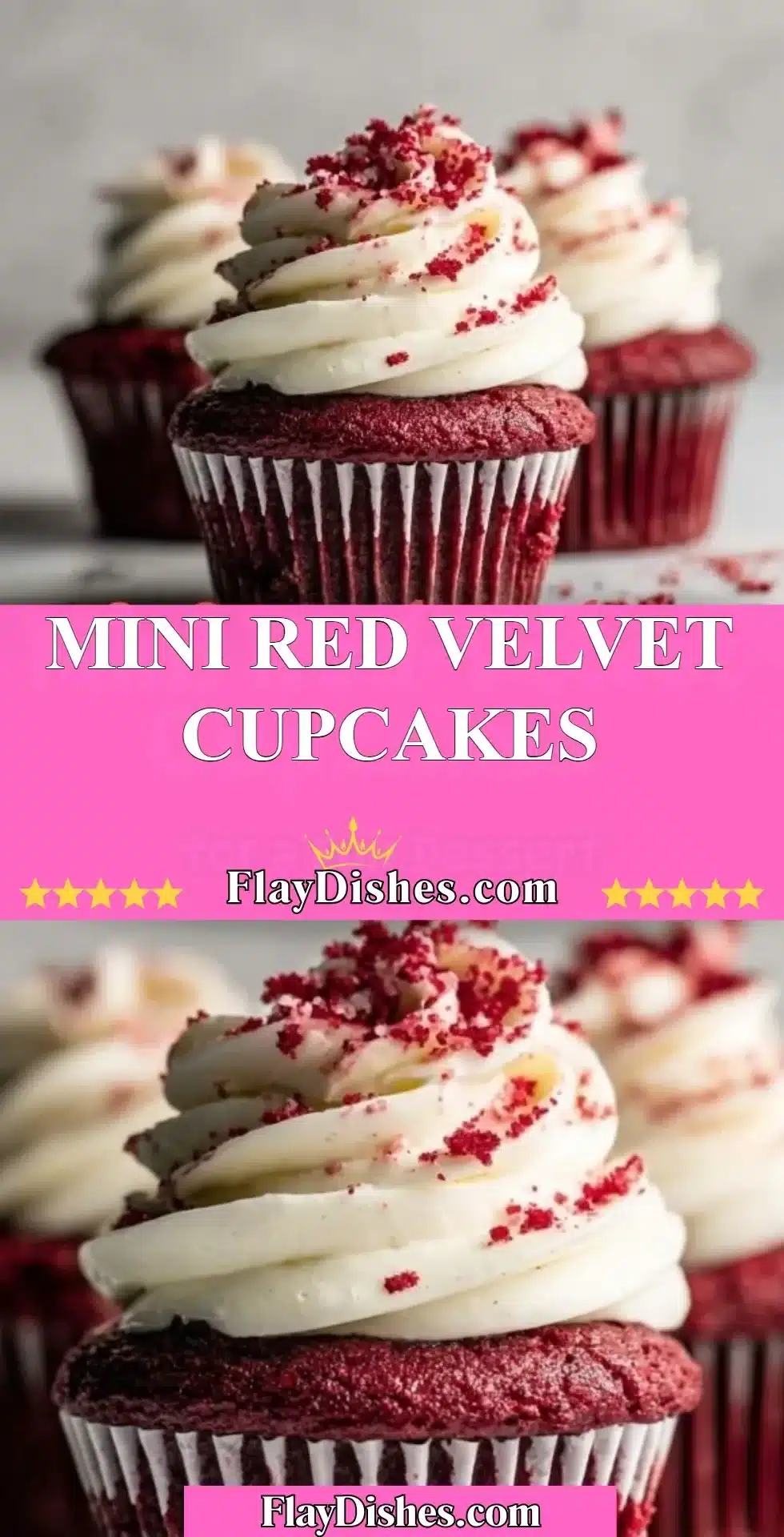 Mini Red Velvet Cupcakes 2 Mini red velvet cupcakes with cream cheese frosting on a decorative plate