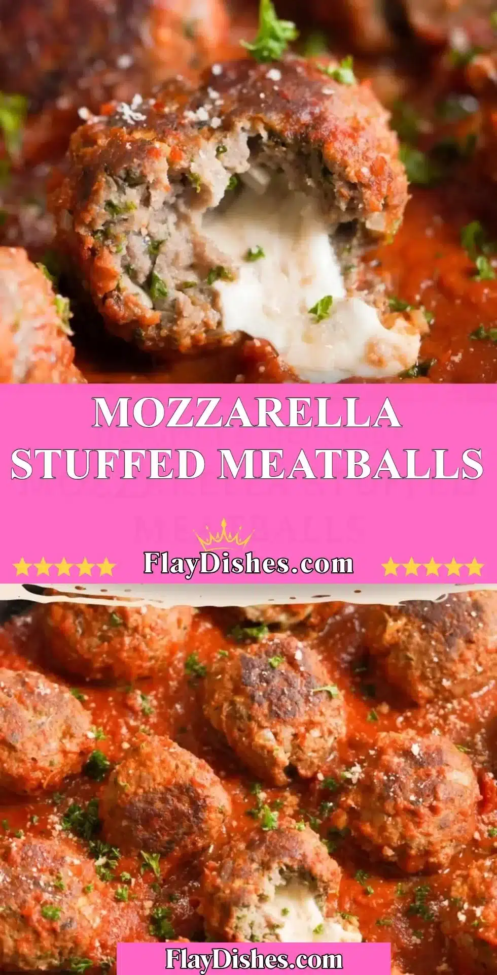 Plate of mozzarella stuffed meatballs with marinara sauce