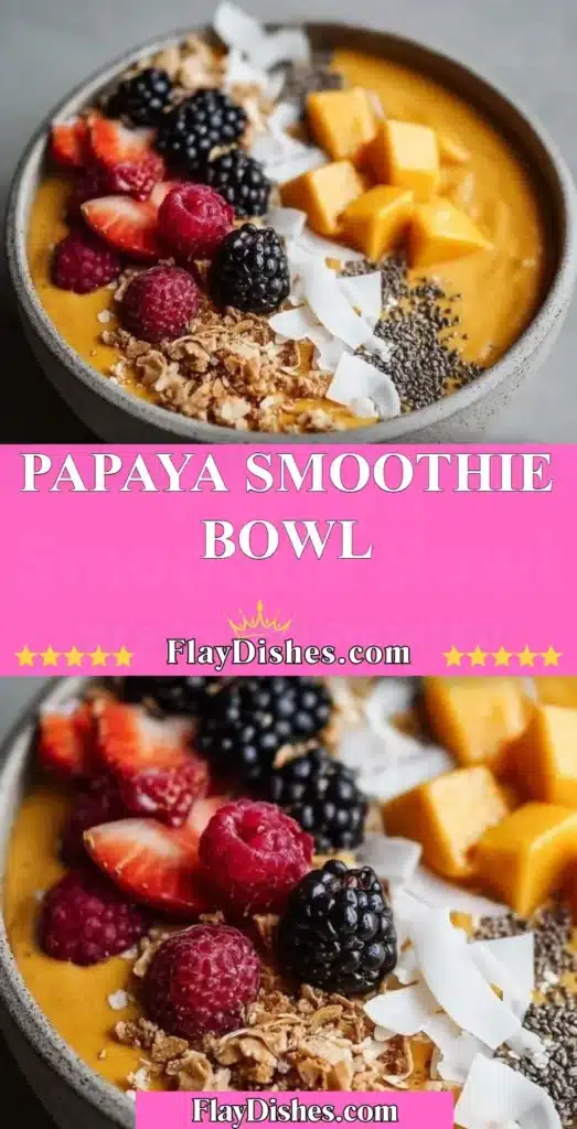Delicious papaya smoothie bowl topped with fresh fruits and seeds