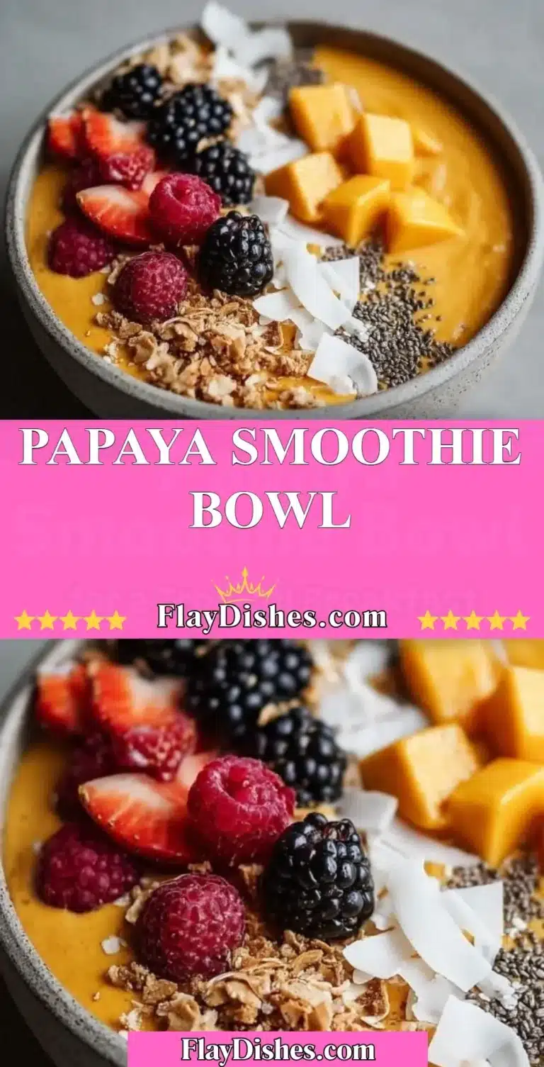 Delicious papaya smoothie bowl topped with fresh fruits and seeds