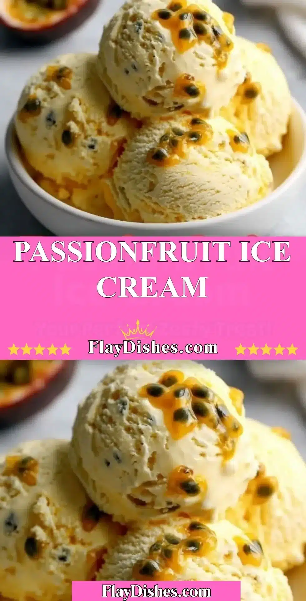 Creamy passionfruit ice cream topped with fresh slices of fruit.