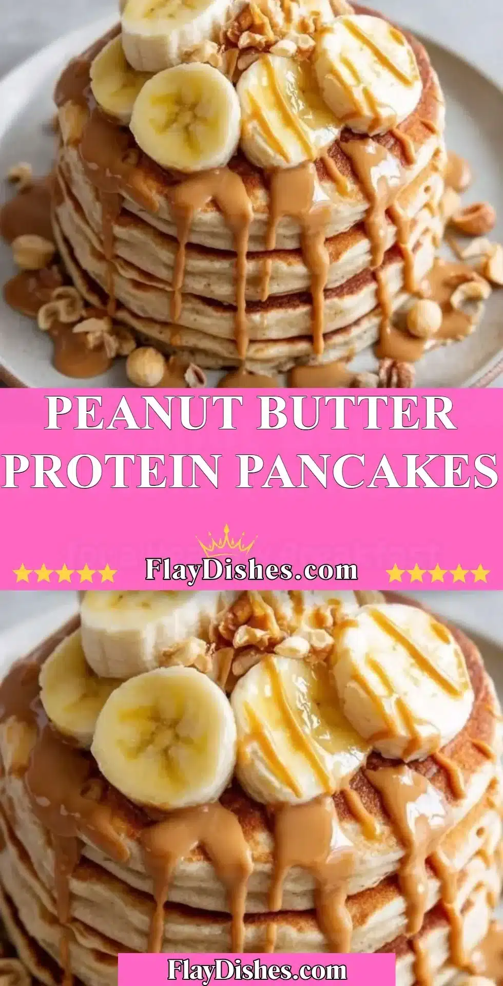 Fluffy peanut butter protein pancakes stacked on a plate with maple syrup
