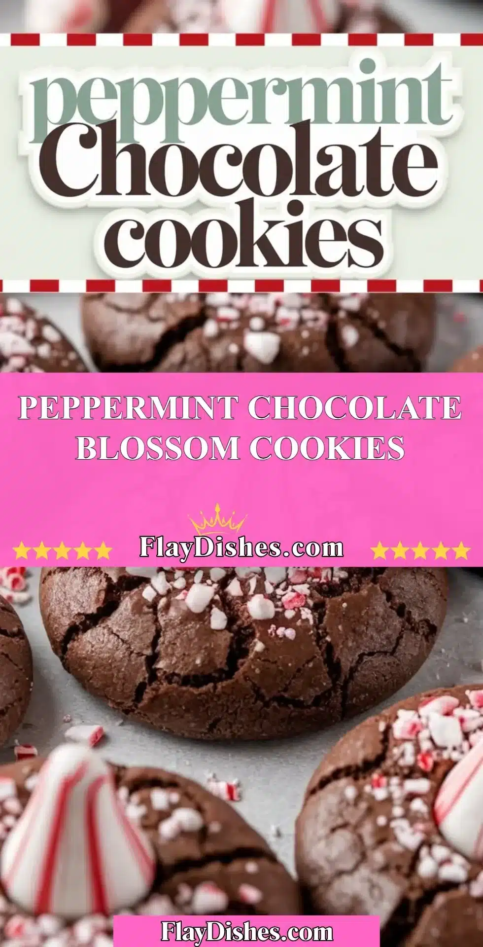 Peppermint chocolate blossom cookies topped with Hershey's kiss.