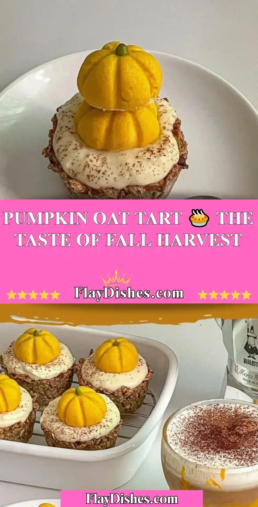 Delicious Pumpkin Oat Tart garnished with fall spices and served on a wooden table.