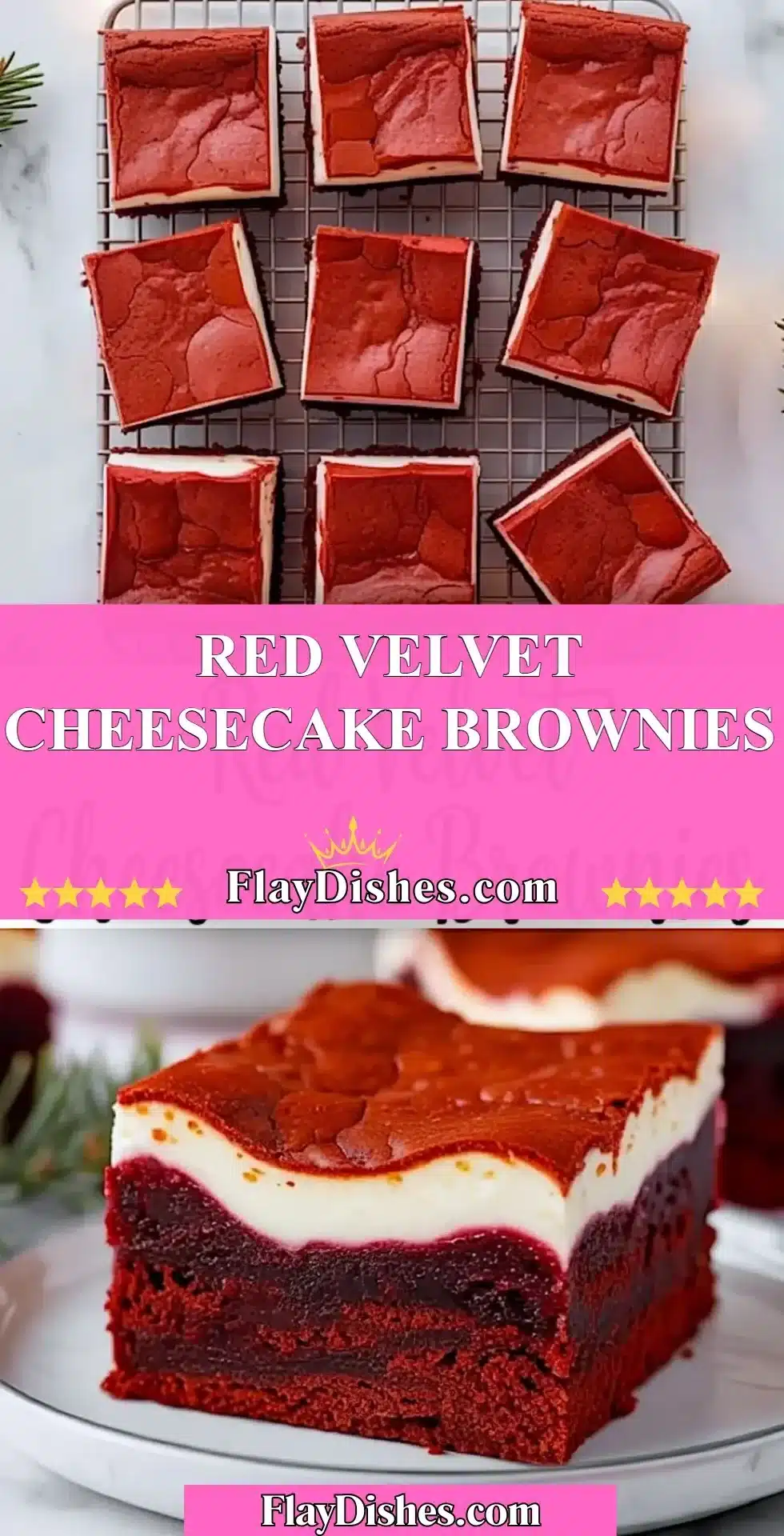 Red velvet cheesecake brownies topped with cream cheese frosting.