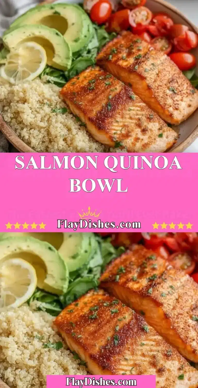 Delicious Salmon Quinoa Bowl with fresh vegetables and dressing