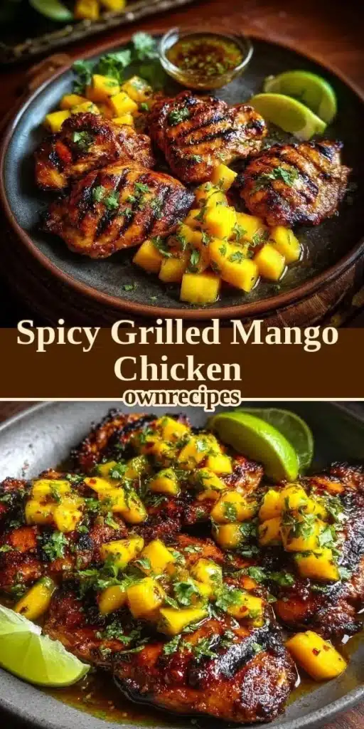 A plate of spicy grilled mango chicken garnished with fresh mango slices and herbs.
