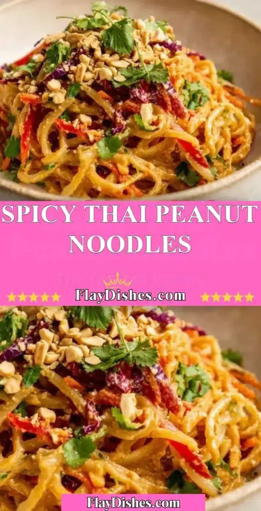 Bowl of Spicy Thai Peanut Noodles garnished with fresh vegetables and herbs.
