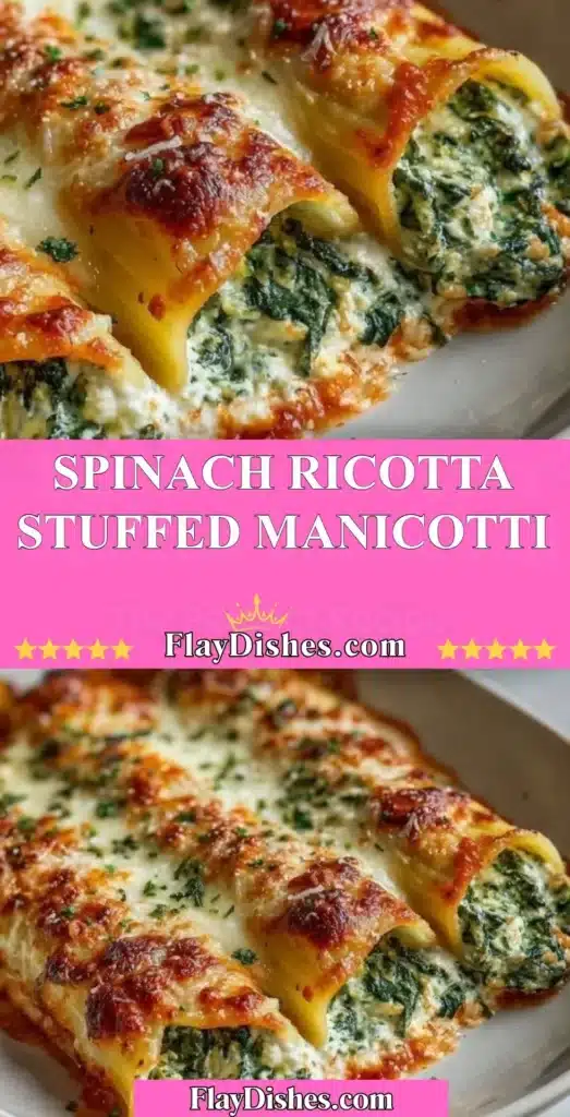 Delicious Spinach Ricotta Stuffed Manicotti served in a creamy sauce.