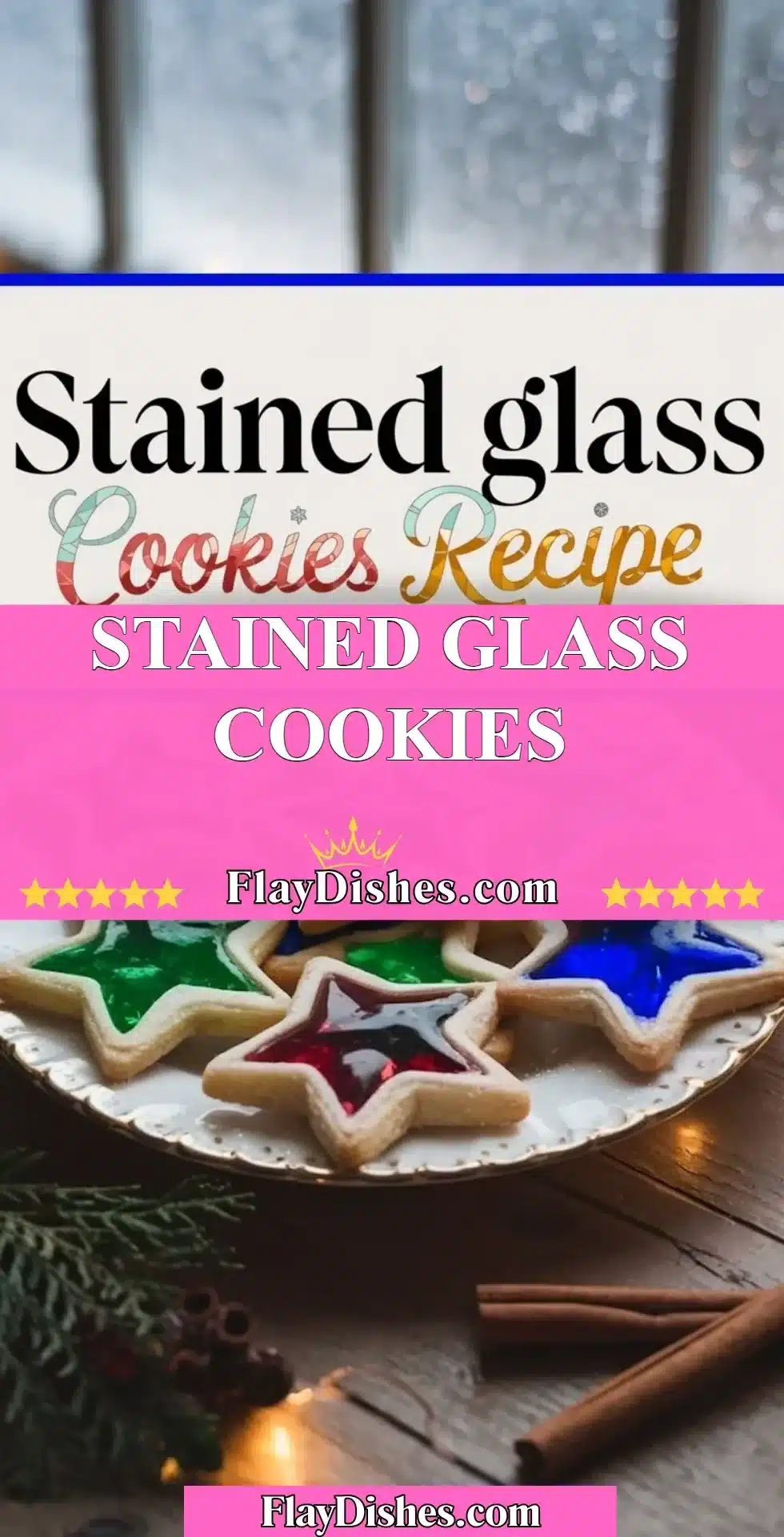 Colorful stained glass cookies arranged on a decorative plate.