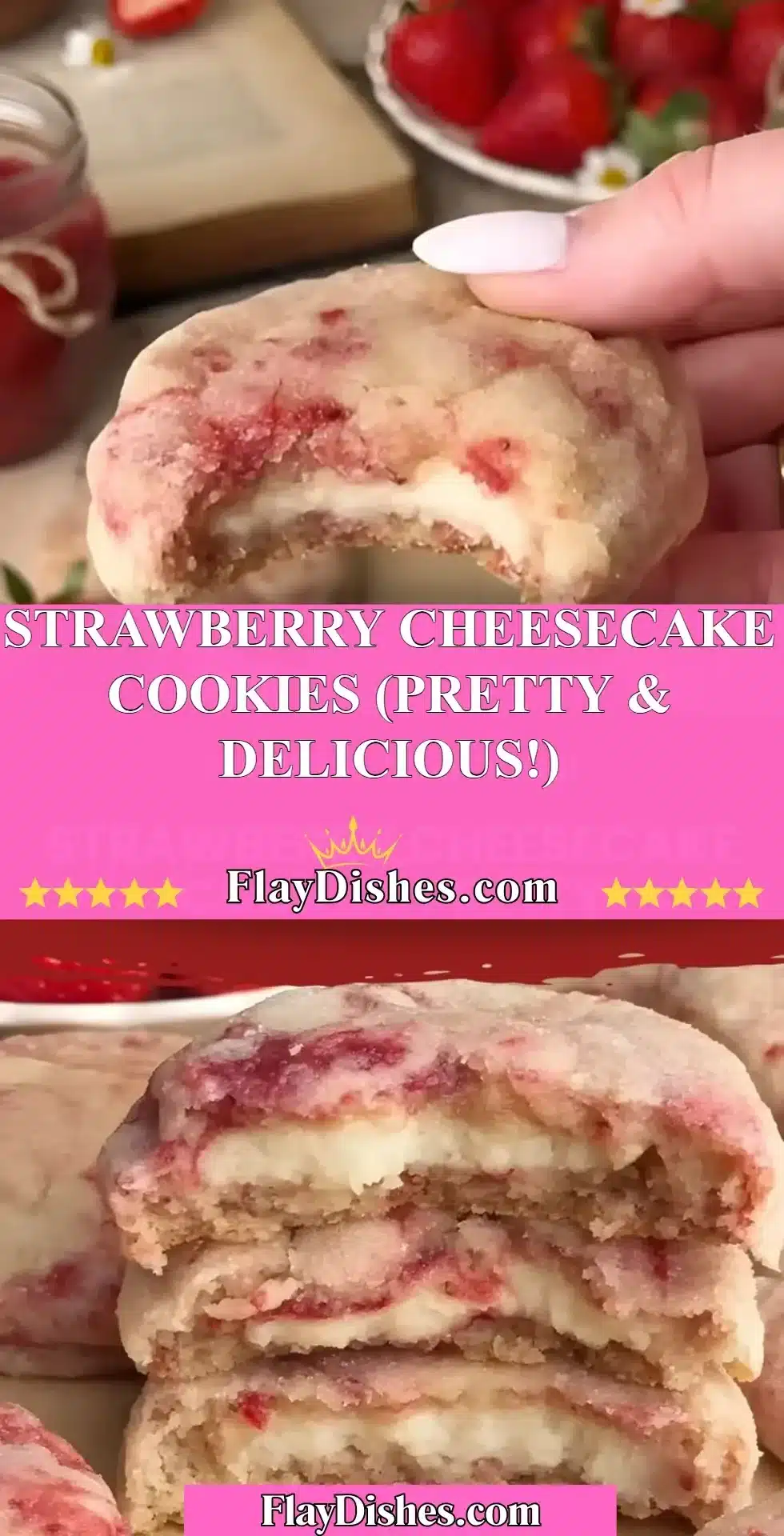 Delicious Strawberry Cheesecake Cookies with fresh strawberries and a creamy cheesecake flavor.
