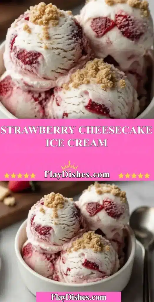 Delicious strawberry cheesecake ice cream in a bowl with fresh strawberries