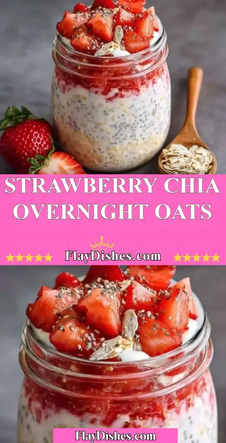 Bowl of strawberry chia overnight oats topped with fresh strawberries and chia seeds.