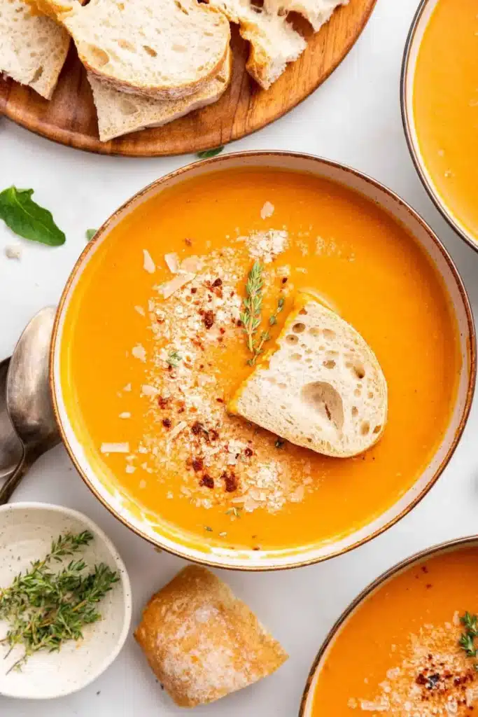 Delicious bowl of Tomato Bisque garnished with fresh herbs and croutons.