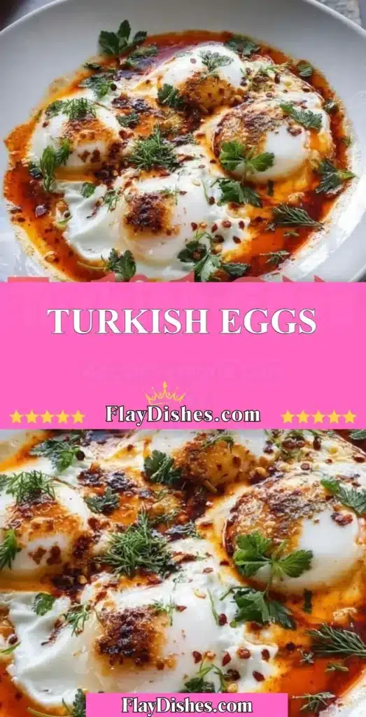 A delicious plate of Turkish Eggs with poached eggs and yogurt on a table