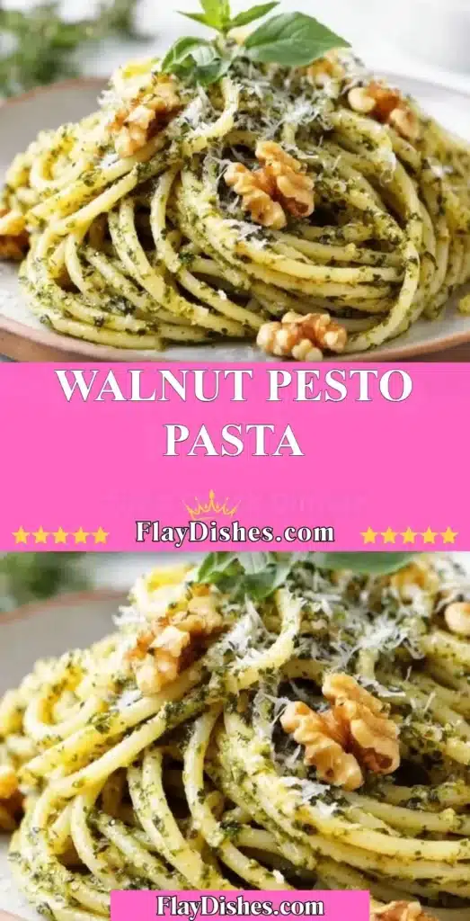 A delicious bowl of walnut pesto pasta topped with fresh basil and parmesan.