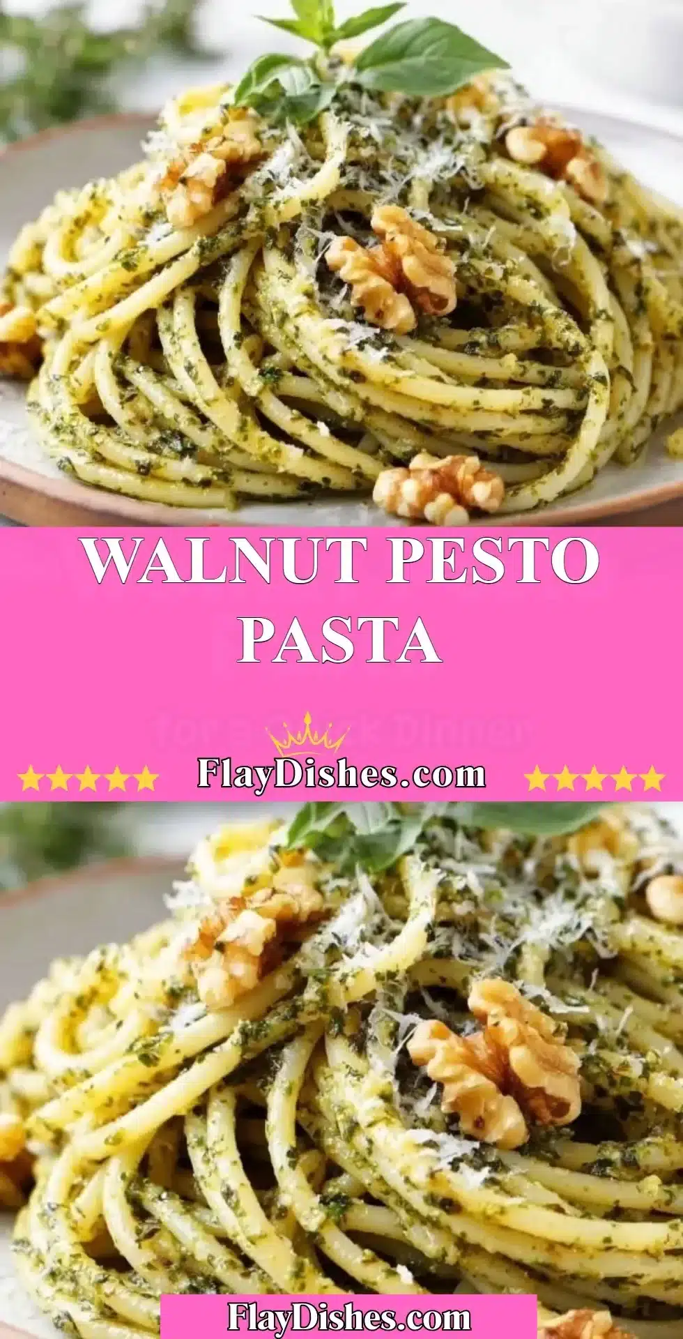 Walnut Pesto Pasta 2 A delicious bowl of walnut pesto pasta topped with fresh basil and parmesan.