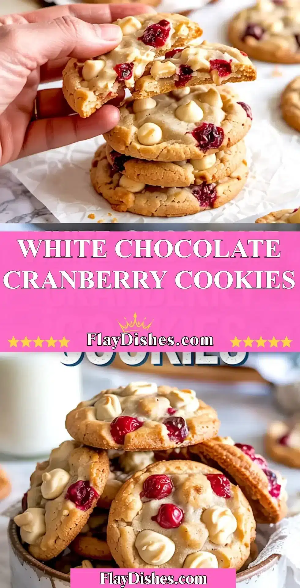 Freshly baked white chocolate cranberry cookies on a cooling rack