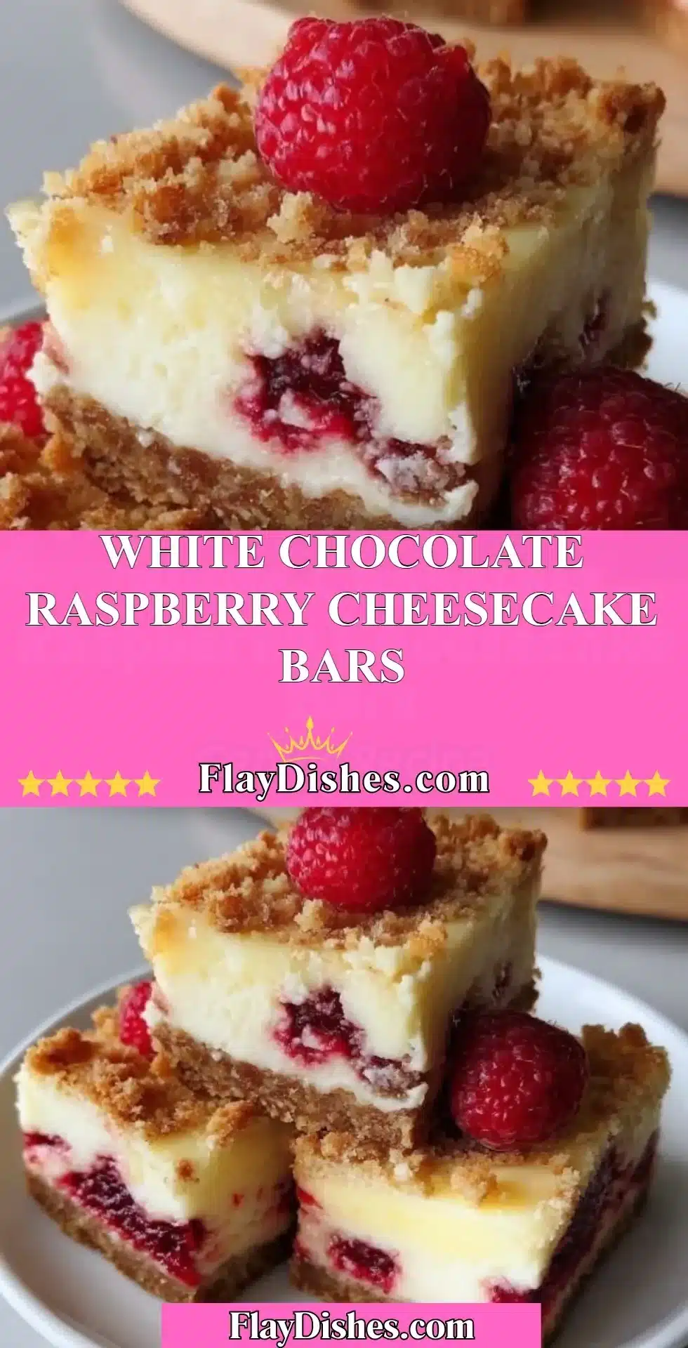Delicious white chocolate raspberry cheesecake bars served on a plate