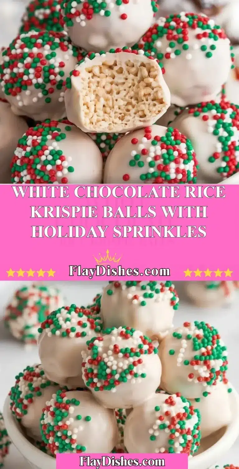Delicious white chocolate rice krispie balls topped with colorful holiday sprinkles.