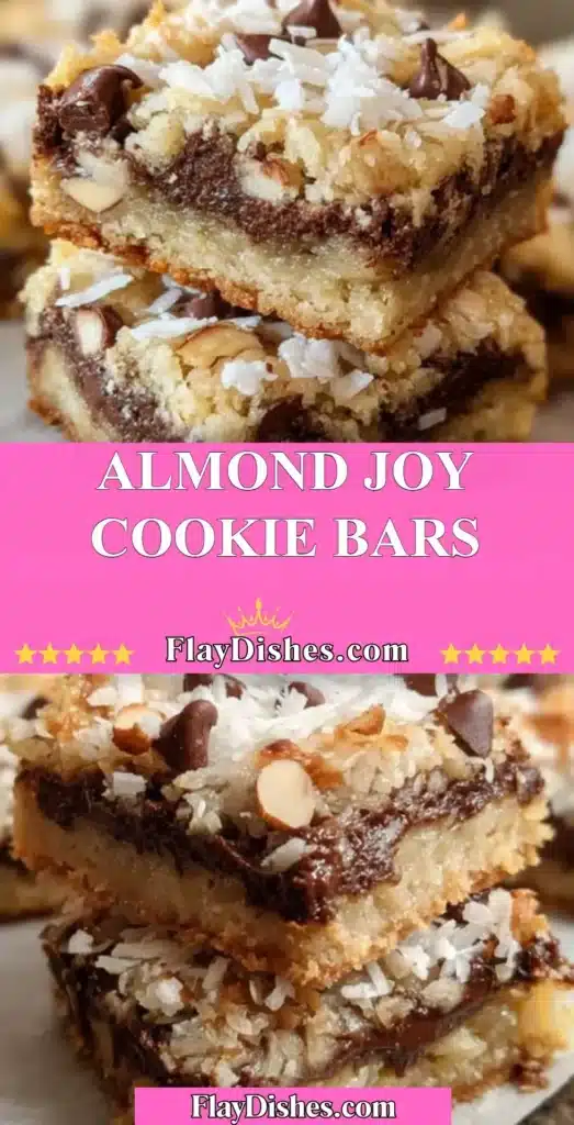 Delicious Almond Joy Cookie Bars with chocolate, coconut, and almond topping