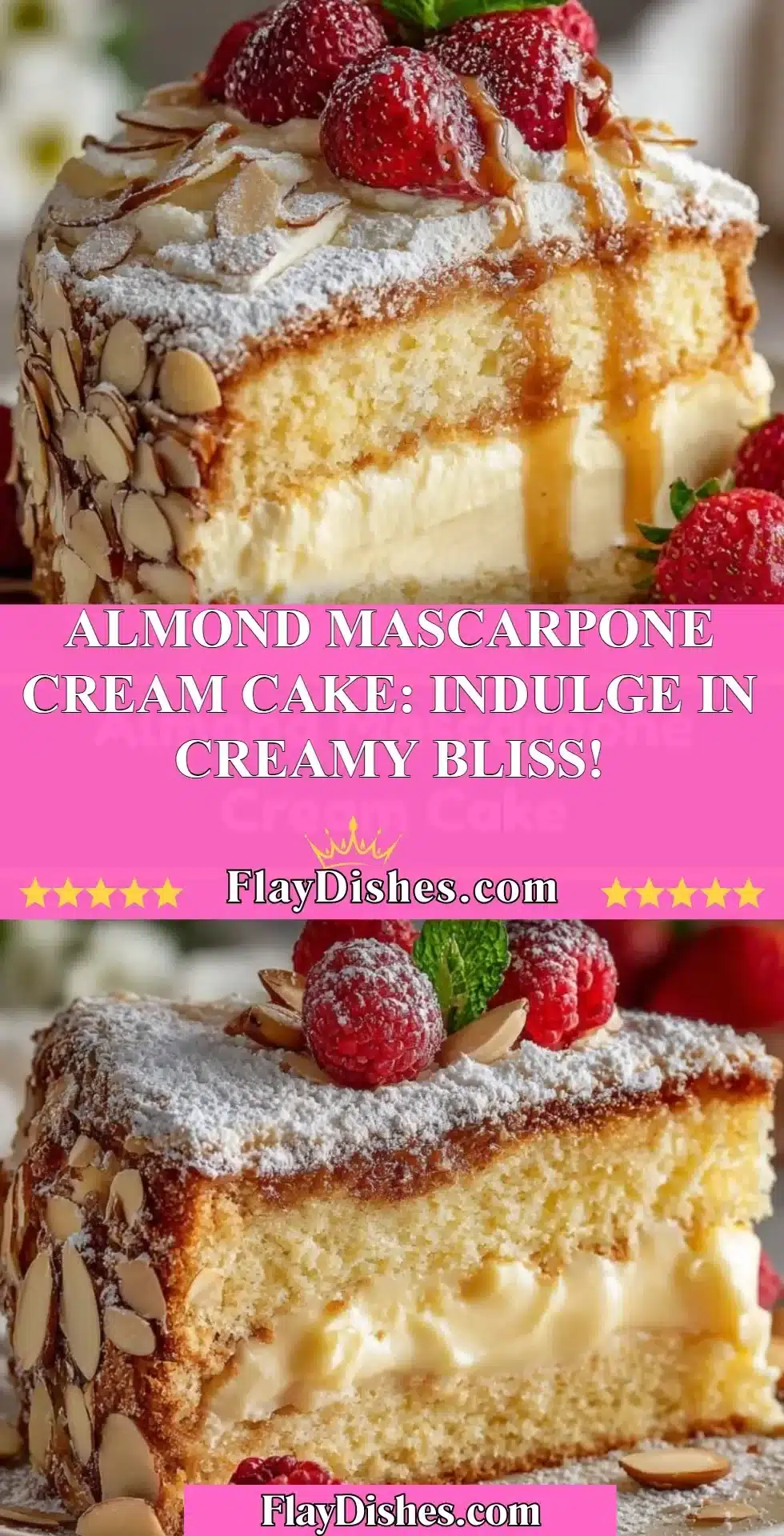 Delicious Almond Mascarpone Cream Cake topped with almonds and mascarpone frosting