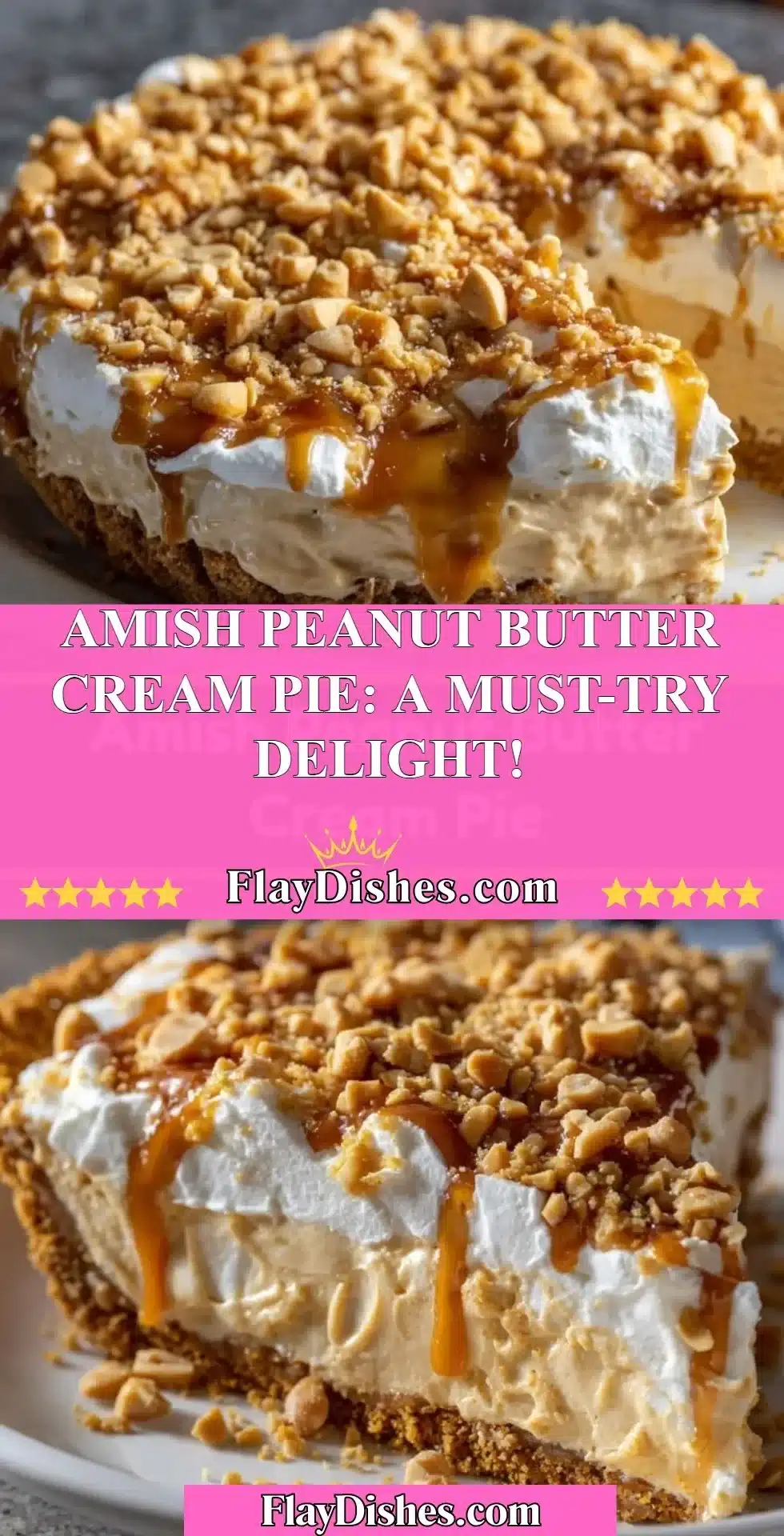 Amish Peanut Butter Cream Pie with whipped cream topping and chocolate drizzle