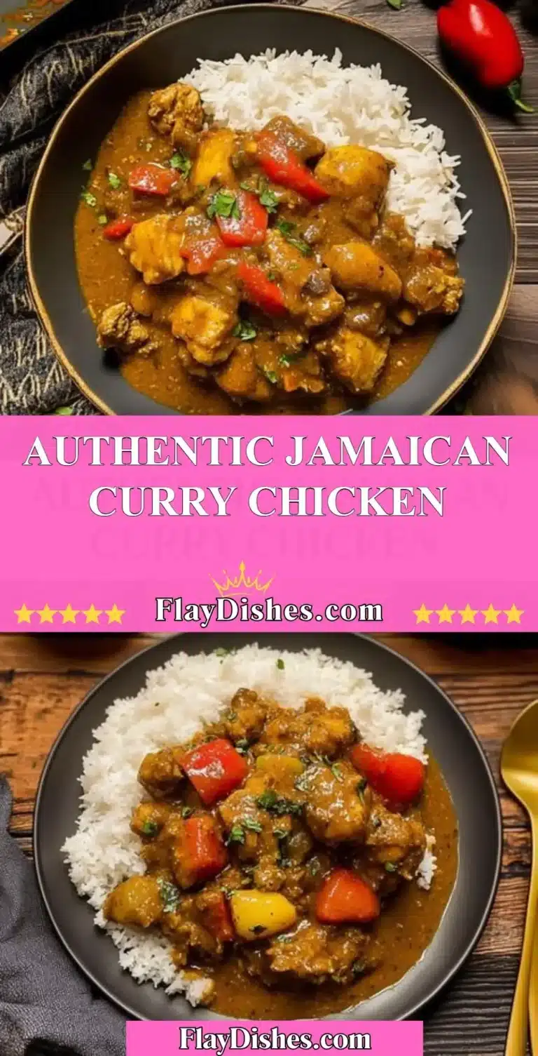 Delicious authentic Jamaican Curry Chicken served with rice and vegetables.