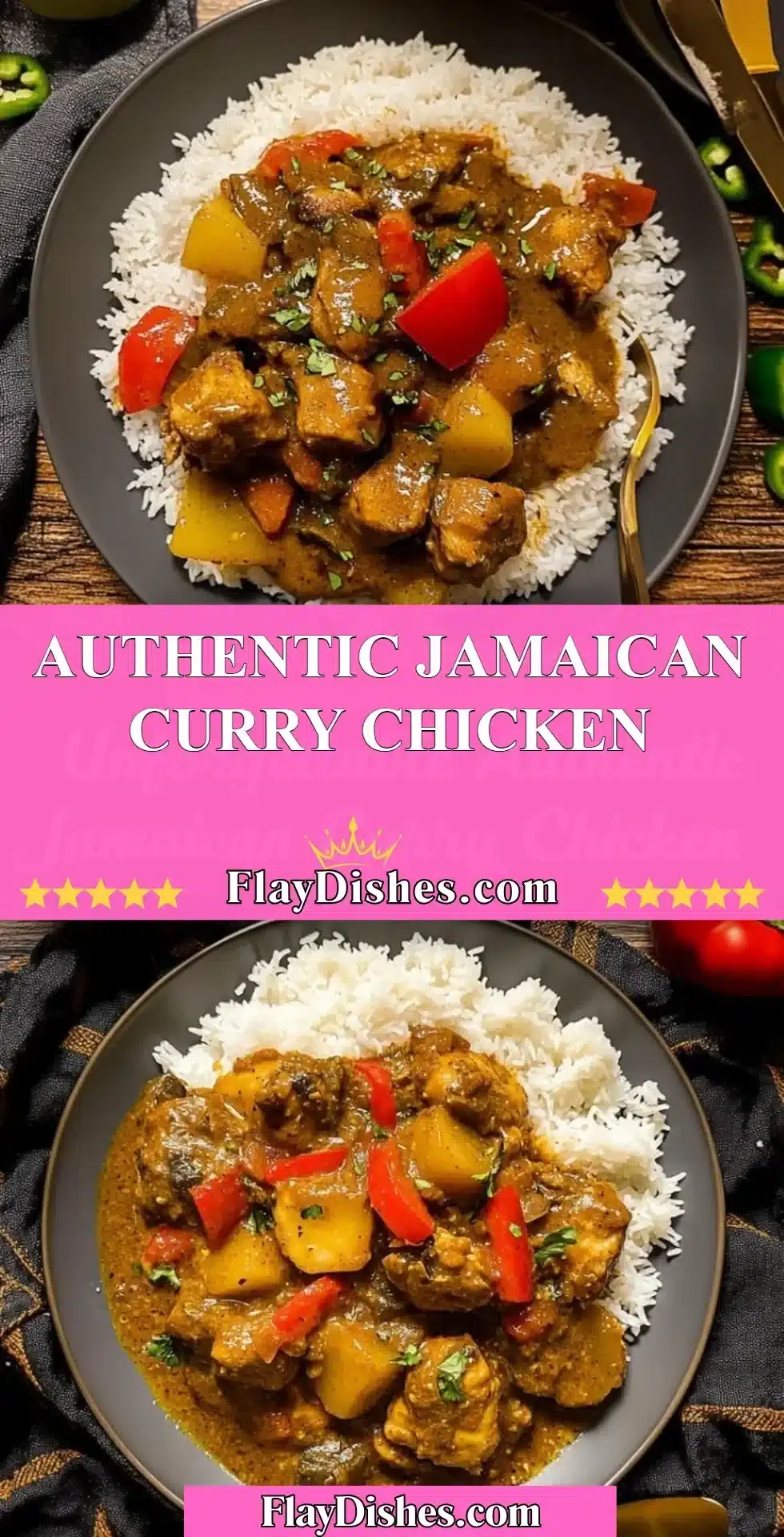 A plate of authentic Jamaican Curry Chicken garnished with fresh herbs