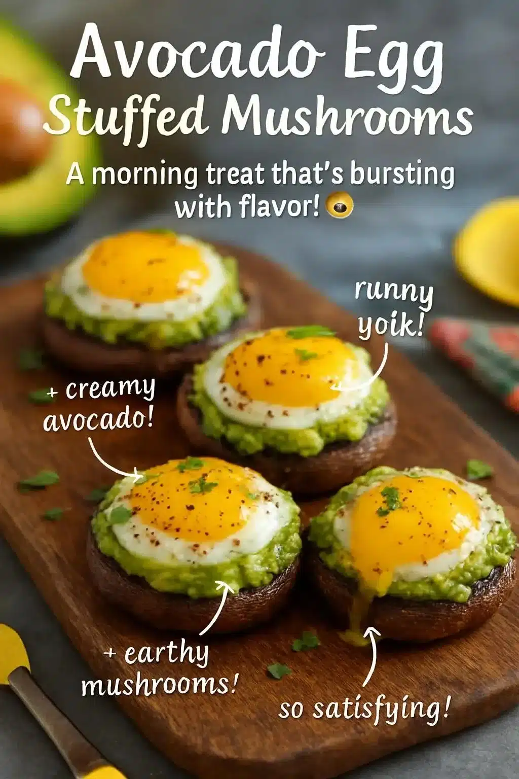 Avocado Egg Stuffed Mushrooms on a plate, garnished with herbs