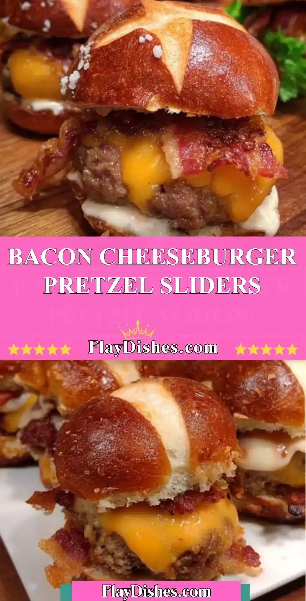 Bacon cheeseburger pretzel sliders served on a platter with toppings.