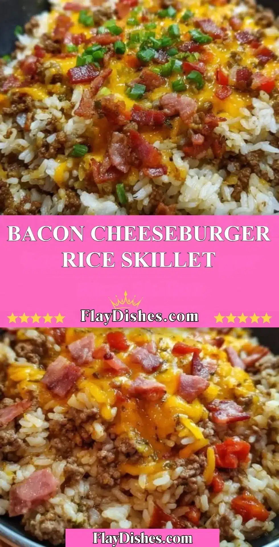 Delicious Bacon Cheeseburger Rice Skillet with crispy bacon and melted cheese