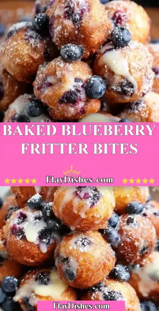 Baked blueberry fritter bites on a plate with a drizzle of glaze