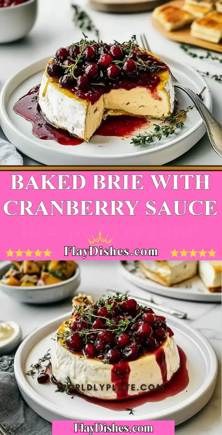 Creamy Baked Brie topped with sweet cranberry sauce for a festive appetizer.