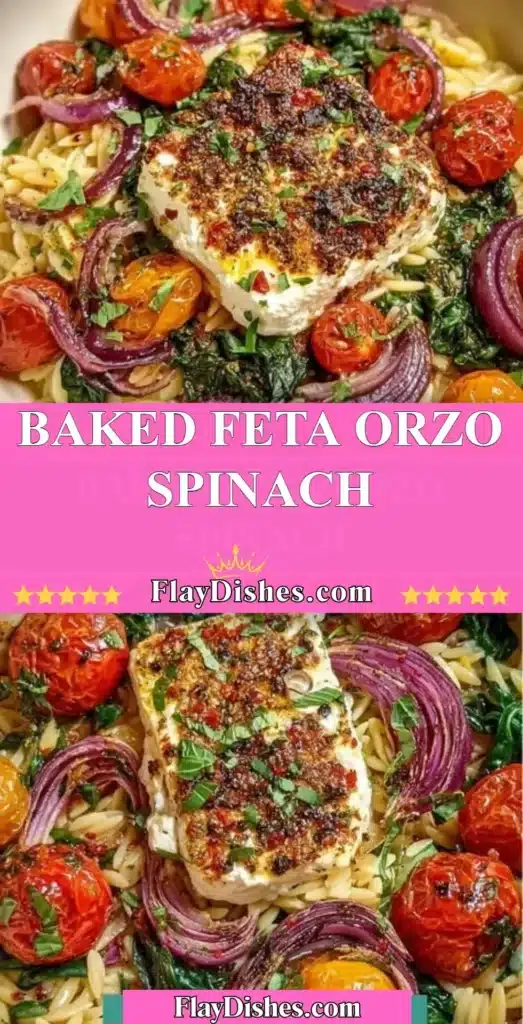 Baked feta orzo spinach dish served in a bowl with herbs on top