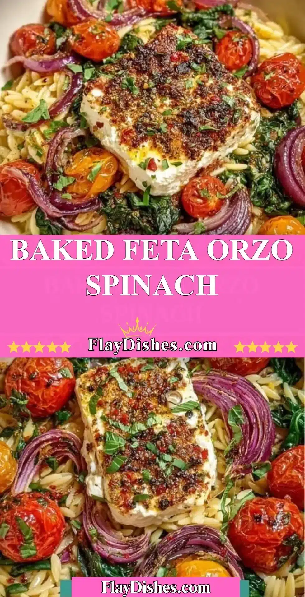 Baked feta orzo spinach dish served in a bowl with herbs on top