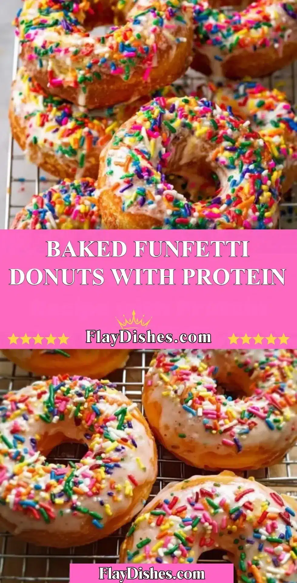 Baked funfetti donuts topped with colorful sprinkles, perfect for a tasty treat.