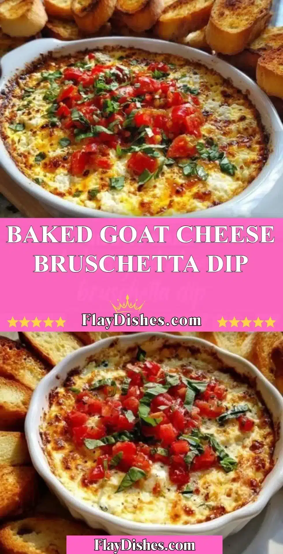 Baked goat cheese bruschetta dip with tomatoes and herbs served in a dish