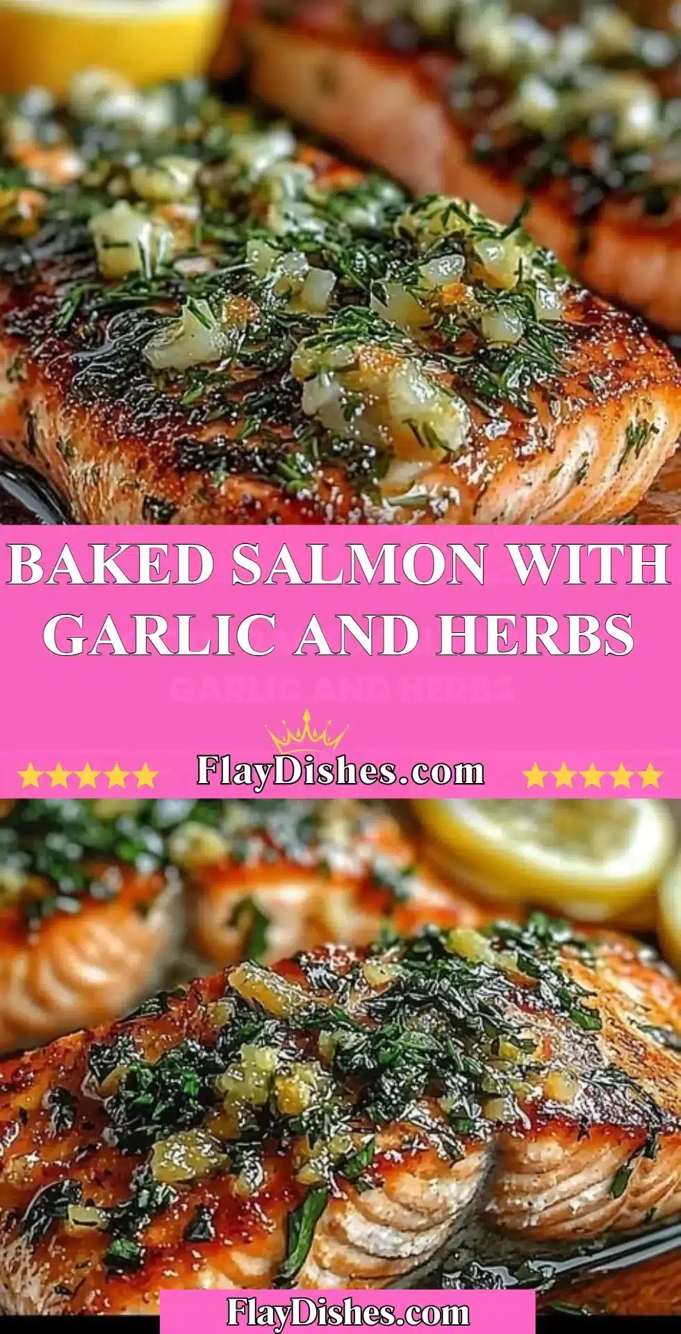 Baked salmon with garlic and herbs served on a plate